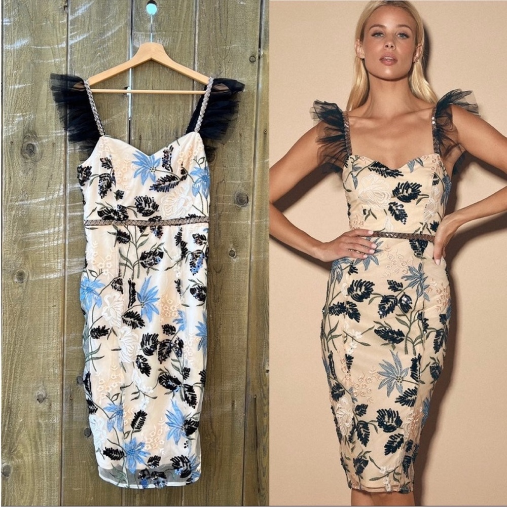 🌿 Cream Showstopper Embroidered Sequin Bodycon Midi Dress 🌿